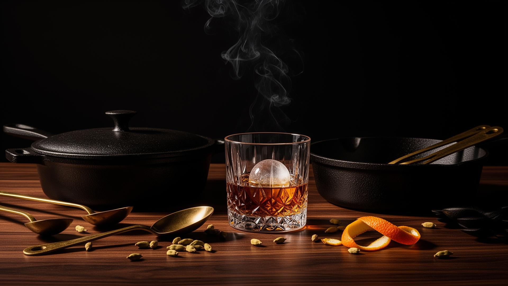 Editorial tableau of cast iron, brass utensils, and a bourbon rocks glass